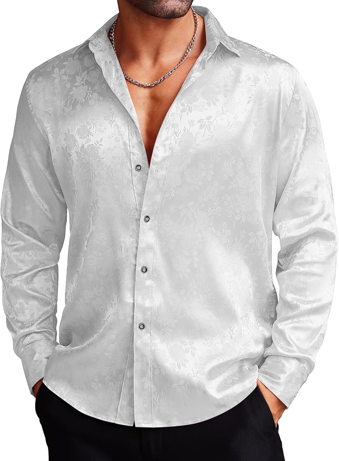 COOFANDY Men's Silk Satin Dress Shirts Jacquard Long Sleeve Floral Button Up Shi...