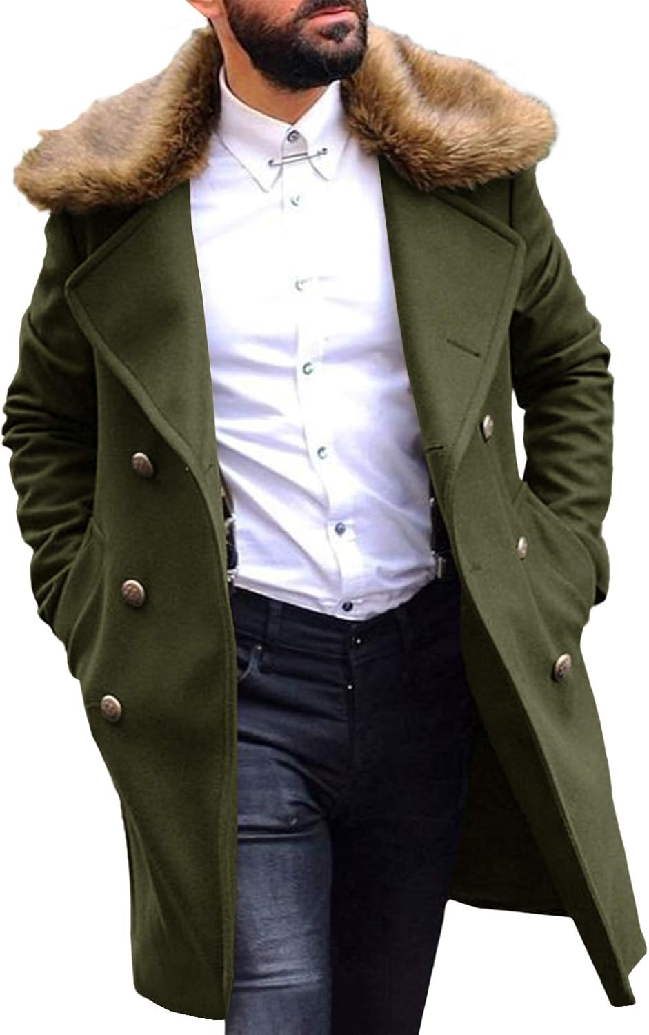 PASLTER Men's Winter Trench Overcoat Removable Faux Fur Collar Top Coat Double B...