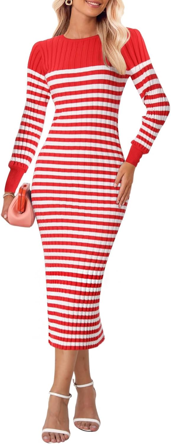 Bloggerlove Women's Striped Sweater Dress Long Sleeve Crew Neck Slim Fit Ribbed...