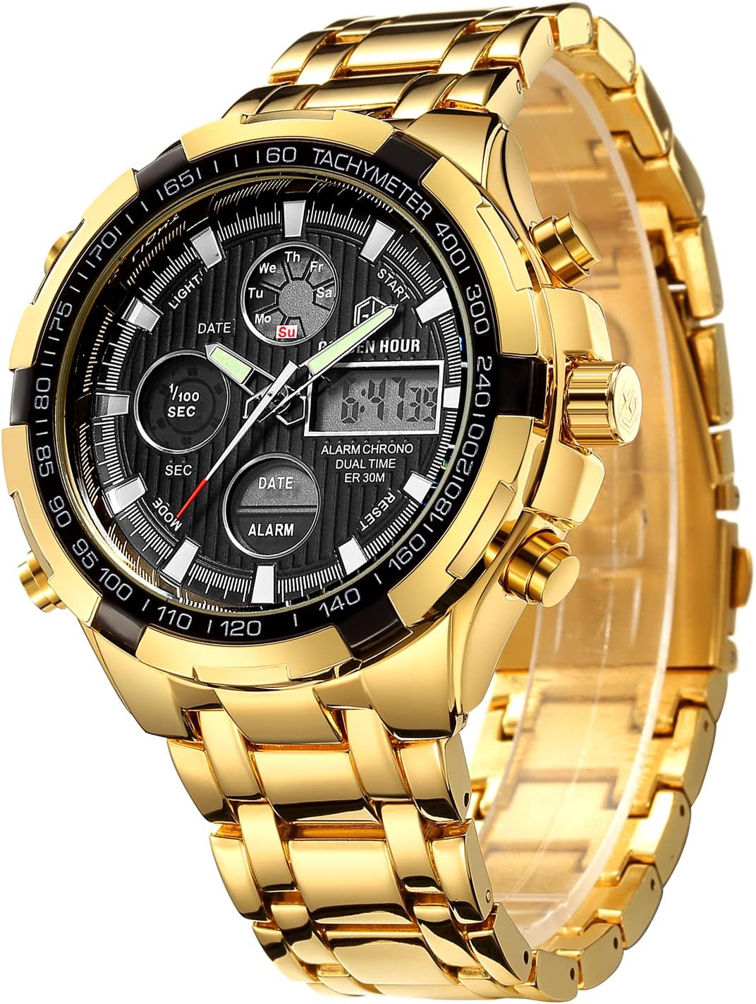 GOLDEN HOUR Luxury Stainless Steel Analog Digital Watches for Men Male Outdoor S...