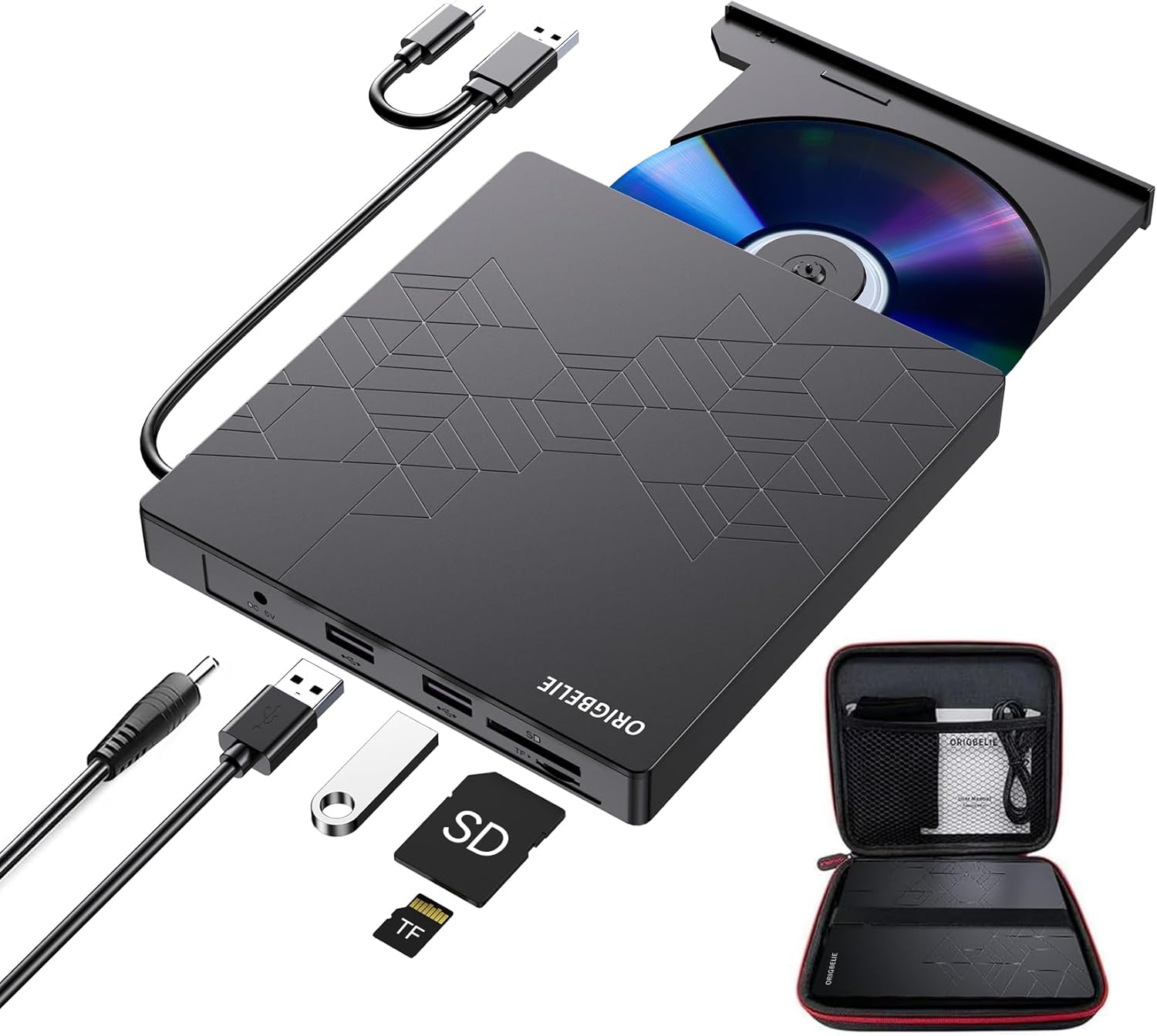 ORIGBELIE External CD DVD Drive, CD Burner USB 3.0 with 2 USB Ports and 2 TF/SD...