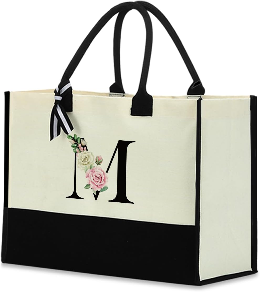 Monogrammed Tote Bags Floral Letter Initial Bag Personalized Beach Bag Monogramm...