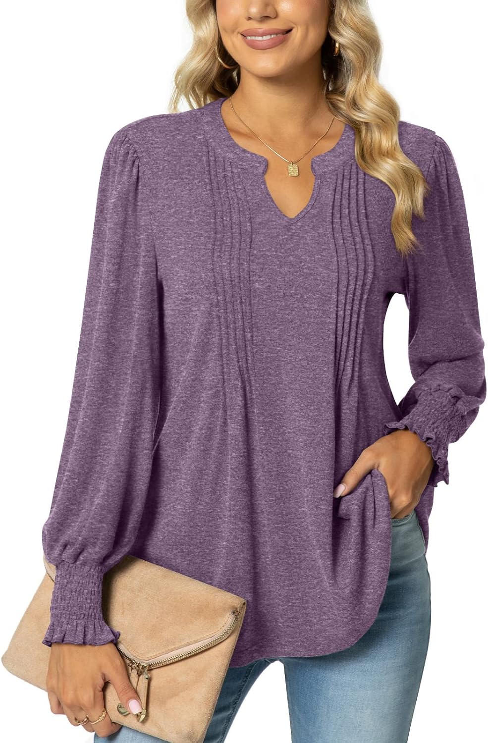 syoss Women's V-Neck Puff Long Sleeve Pleated T-Shirts Fashion Fall Tops Casual...