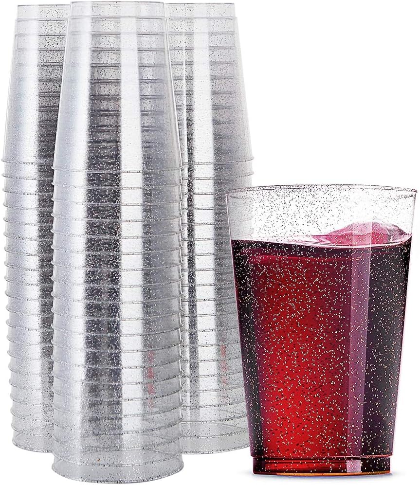 WDF 100 PACK Christmas Silver Glitter Plastic Cups - 12 OZ Silver Plastic Cups D...