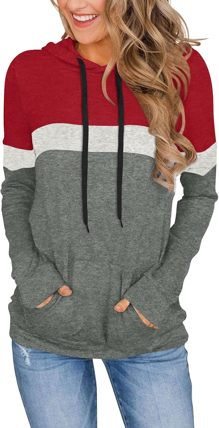 CATHY Womens Long Sleeve Hoodies Tops Casual Color Block Sweatshirts Comfy Draws...