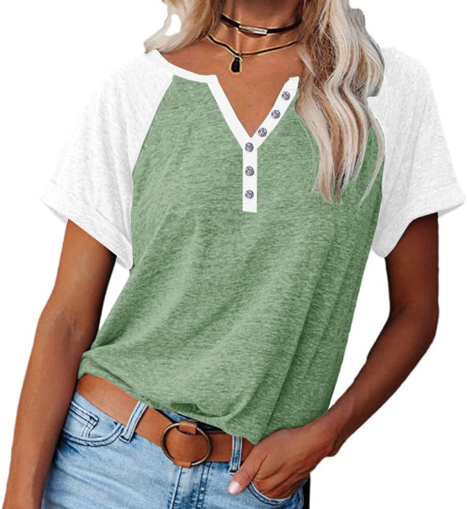 MaQiYa Womens V Neck Basic Tops Color Block Tunic T Shirts Summer Short Sleeve C...