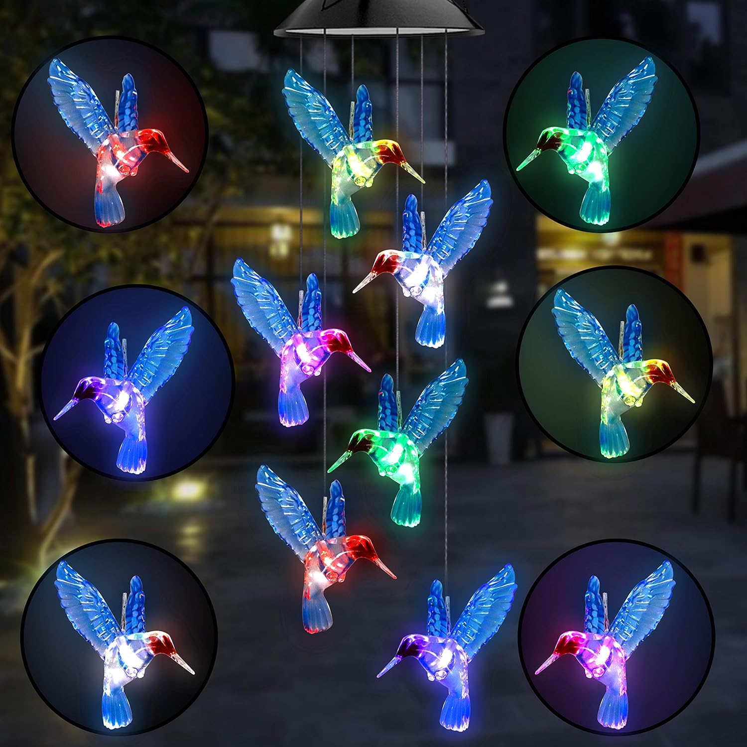 Blue Hummingbird Wind Chime LED Solar Wind Chime Color Changing Six Hummingbird...