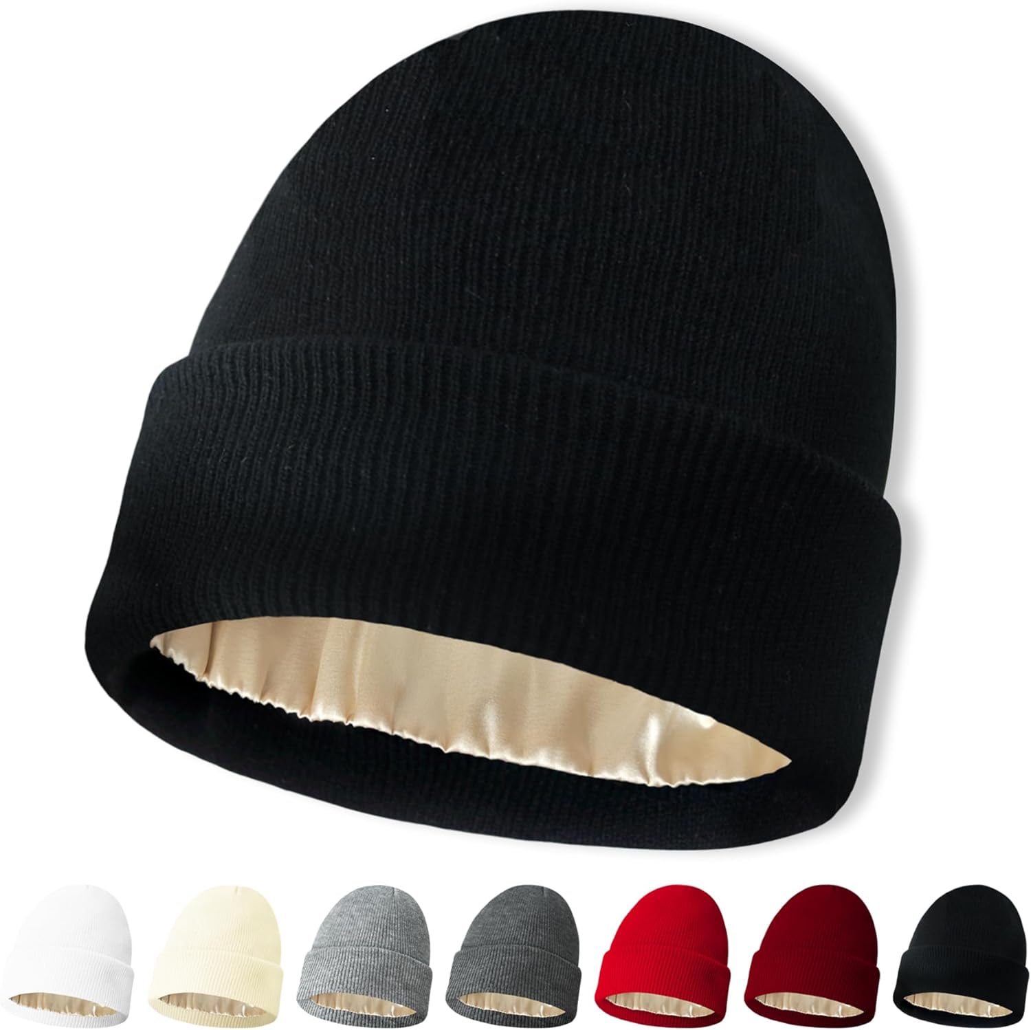 NPQQUAN Unisex Beanie Hats for Men Women Winter Knit Beanies Black(satin Lined)...