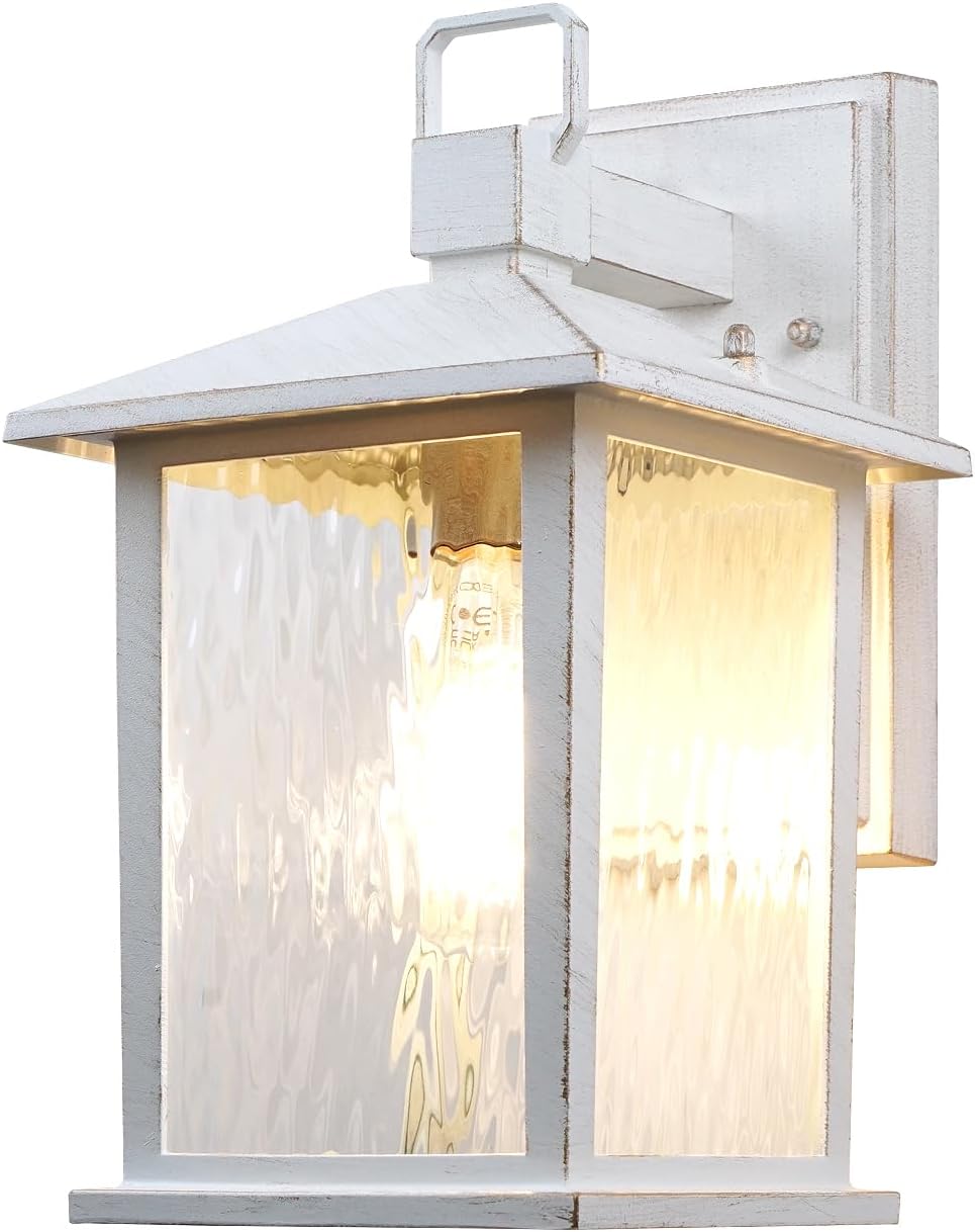 1-Pack Outdoor Porch Light, Antique White Wall Lantern with Water Ripple Glass,...