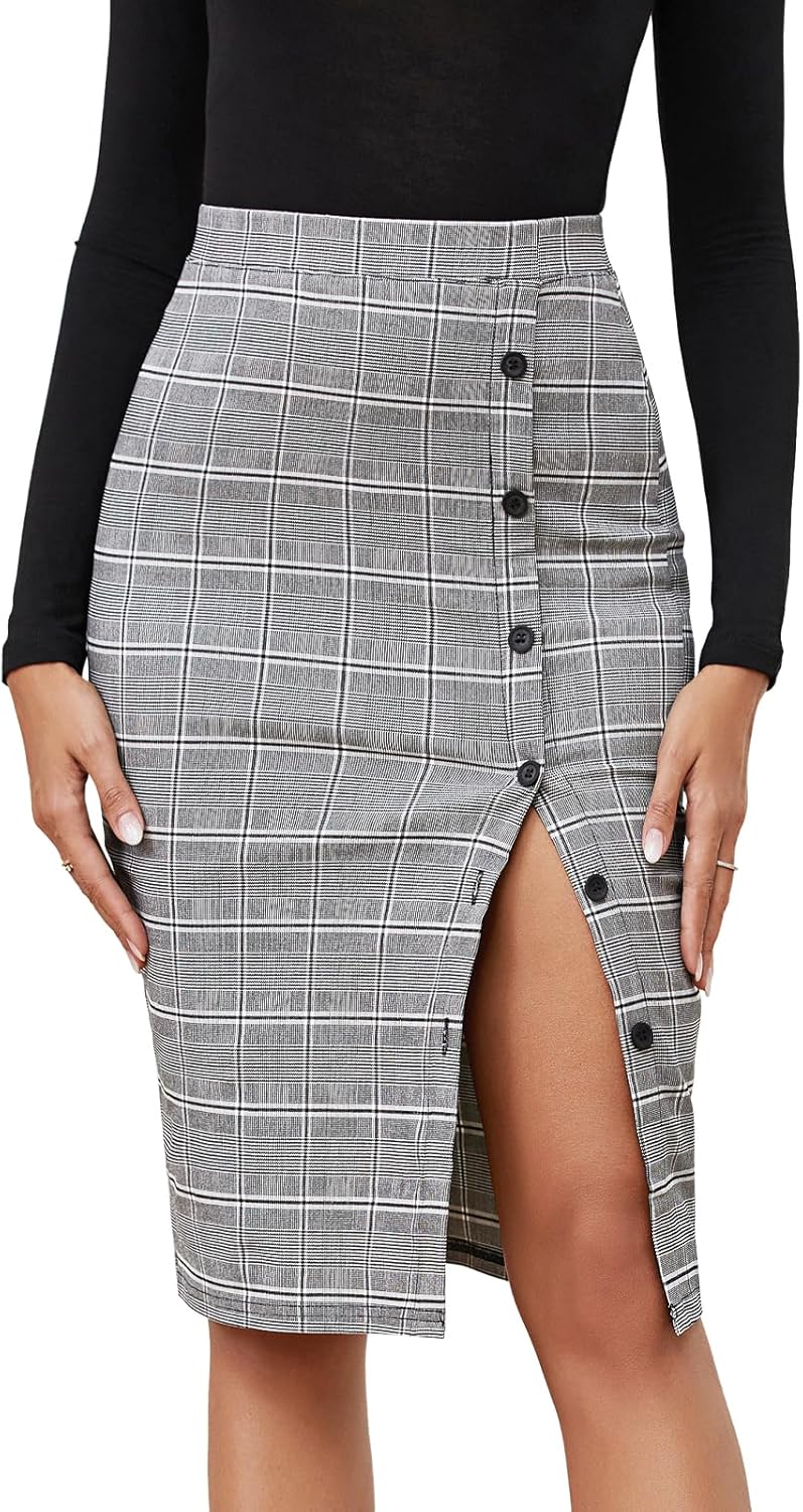 Byinns Women's 2025 High Waist Pencil Skirt Button Slit Work Skirts Plaid Busine...