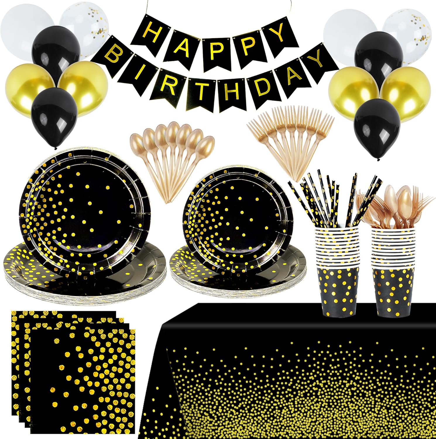 200PCS Black and Gold Party Supplies, Disposable Party Dinnerware Gold Plastic S...