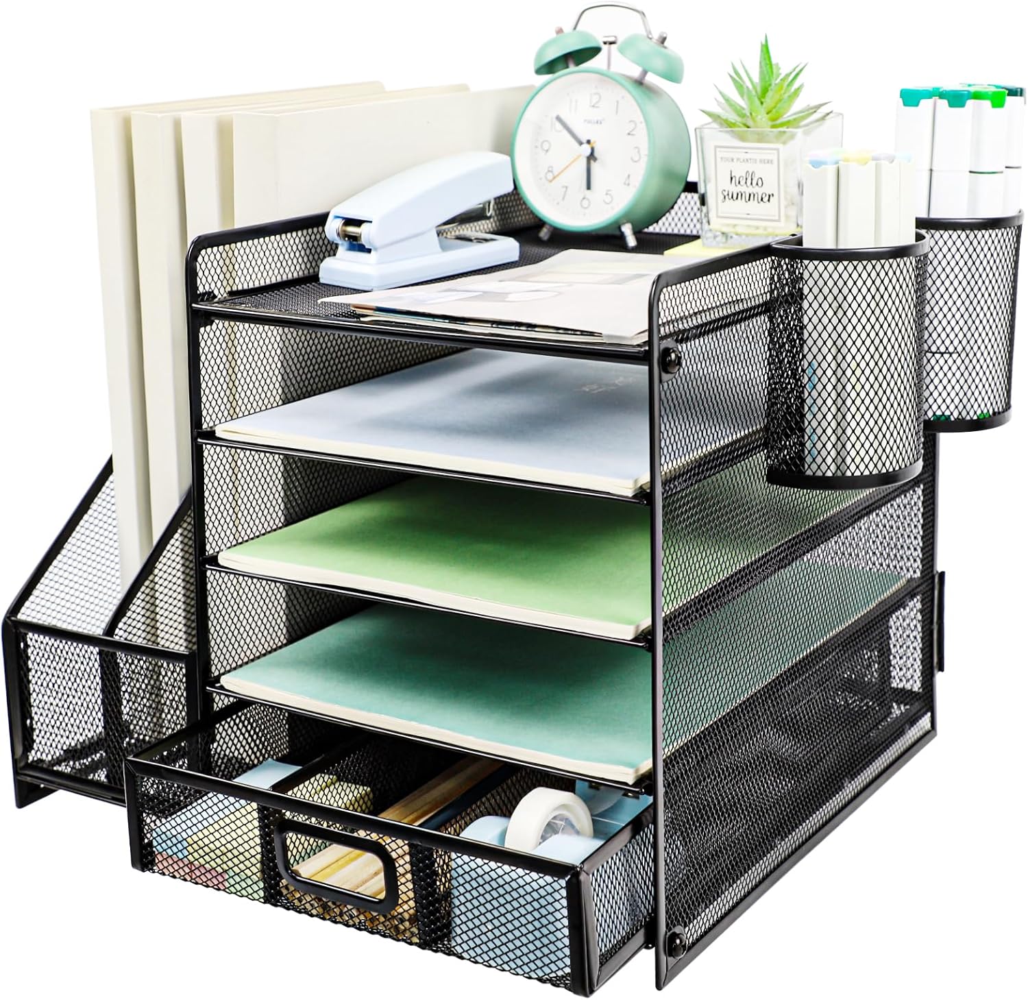 PLSOPPKG 5 Tier Paper Letter Tray with File Holder, Metal Mesh Desk File Organis...