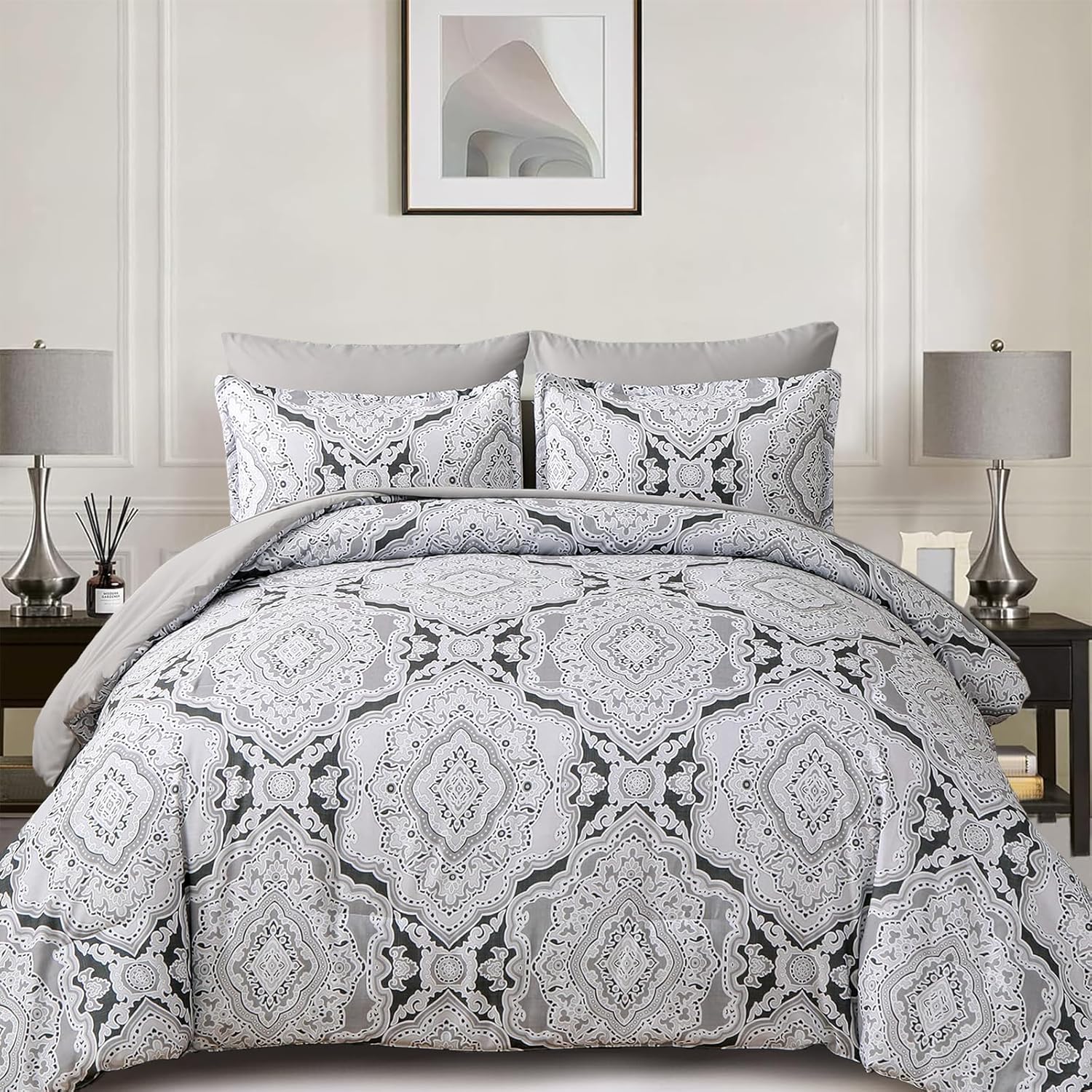 WONGS BEDDING Grey Comforter Set King Size, 7 Pieces Bed in a Bag Boho Damask Pa...