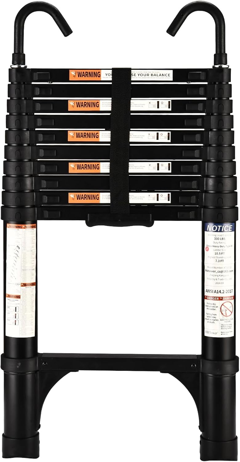 HBTower Telescopic Ladder with Non-Slip Feet and Hooks, 3.2M/10.5FT Thickened Hi...