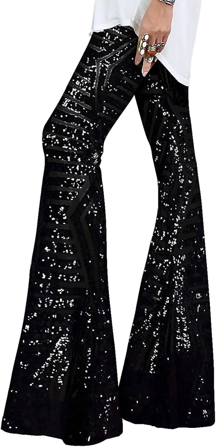 EVALESS Women Sequin Pants Sparkly Glitter High Waisted Wide Leg Flare Trousers...