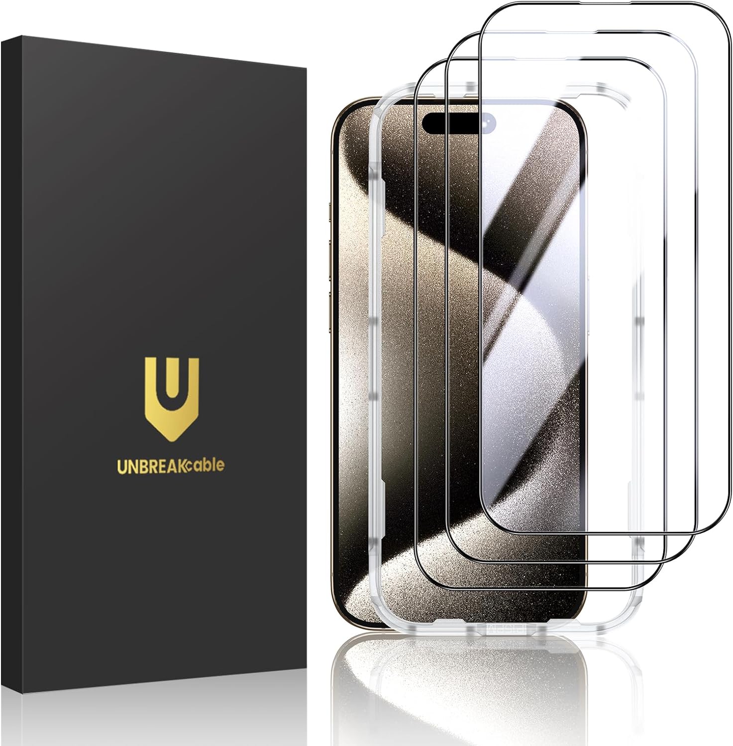 UNBREAKcable 3-Pack Screen Protector for iPhone 15 Pro, Double Shatterproof Temp...