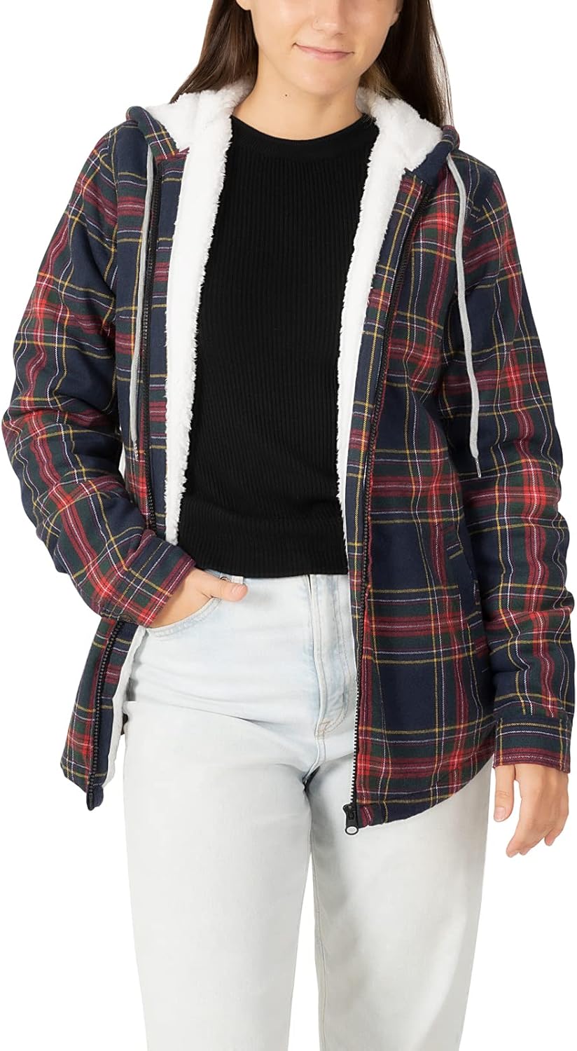 ZENTHACE Womens Sherpa Lined Flannel Jacket Full Zip Up Hooded Flannel Plaid Shi...
