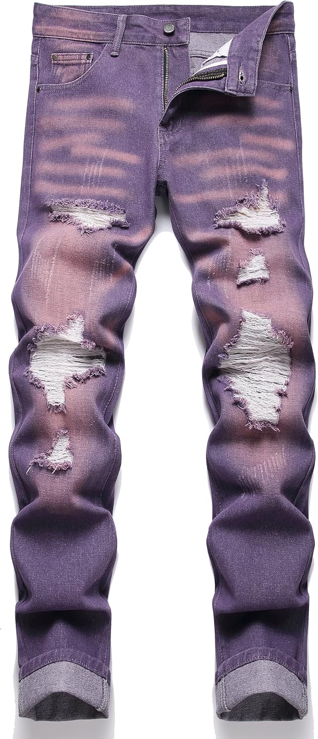 OIIIO Men's Ripped Slim Fit Straight Leg Jean Denim Pant 42 30026 Purple