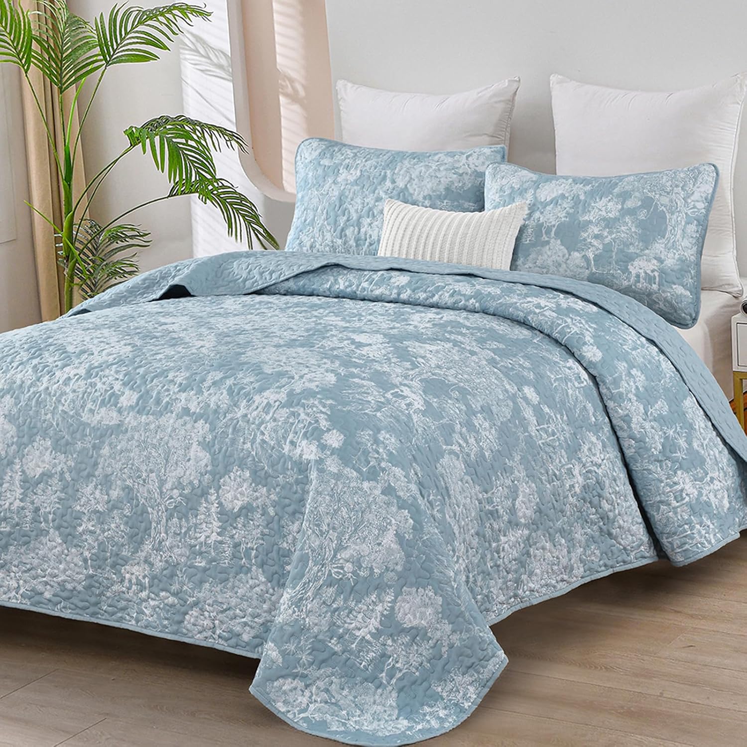 WONGS BEDDING Botanical Quilt Set Queen Size, Aqua 3 Pieces Toile Floral Plants...