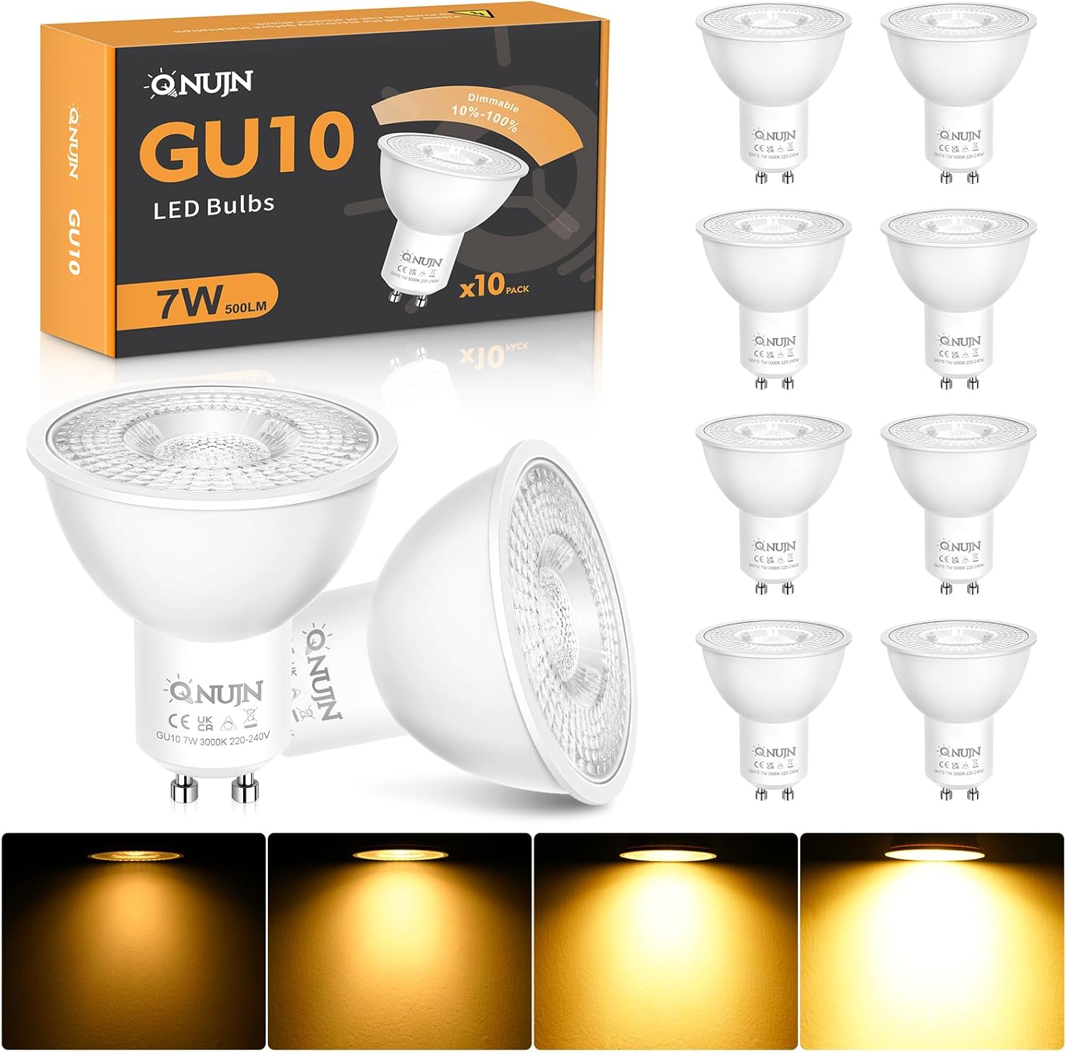QNUJN GU10 LED Bulbs Dimmable, Warm White 3000K LED Light Bulbs, 7W 500lm Energy...