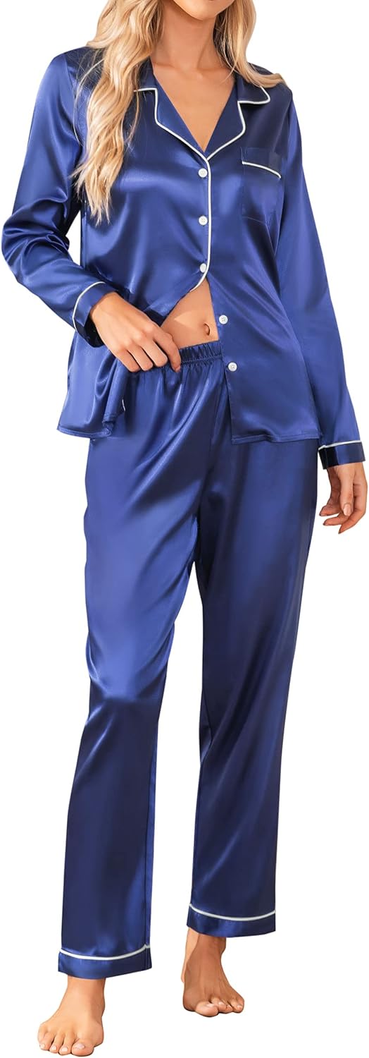 Senert Satin Pajamas Women's Long Sleeve Sleepwear Soft Button Down Loungewear S...