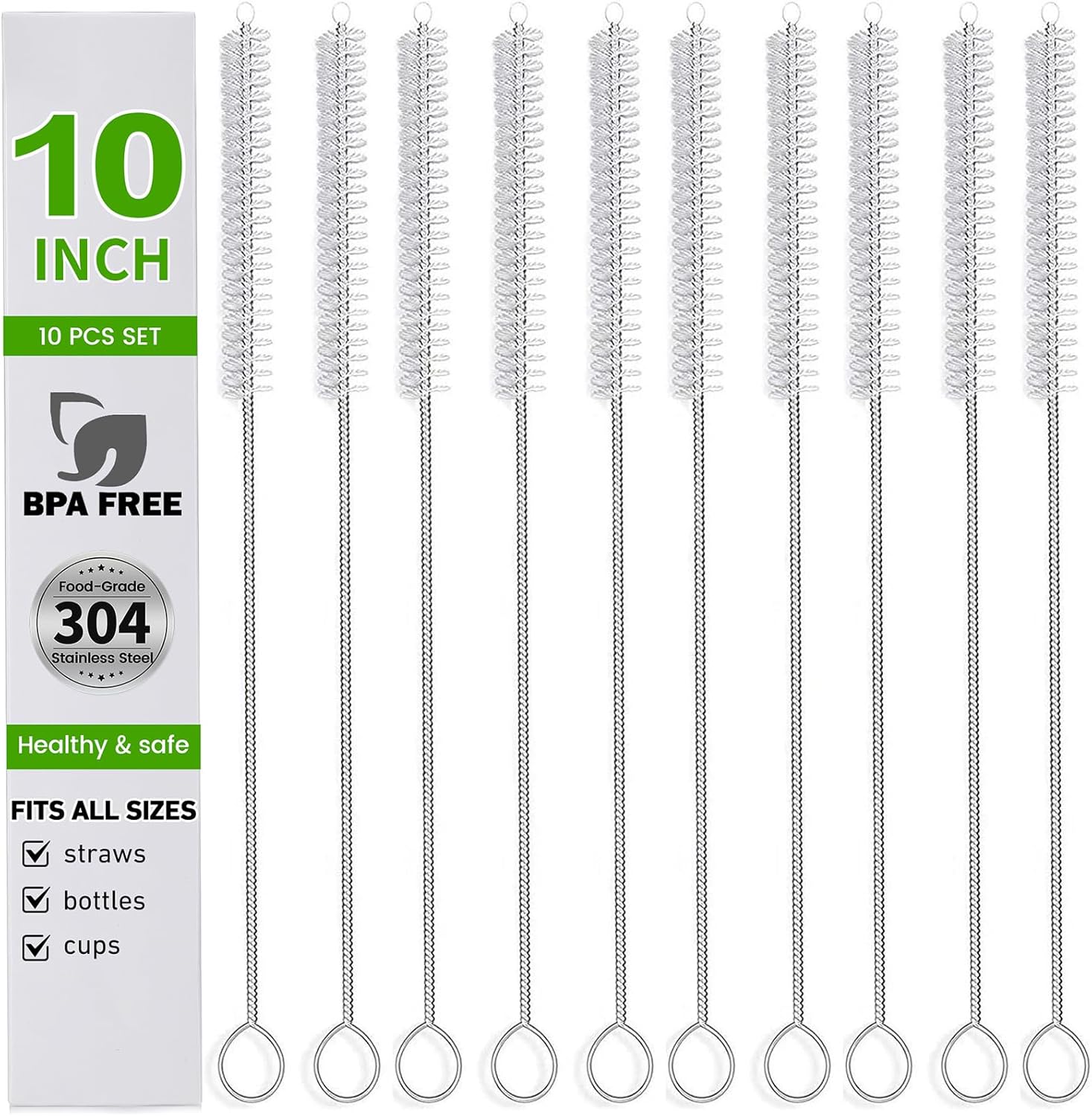 Straw Cleaner Brush Set, 10 Pieces 10 Inch Stainless Steel Handle Straw Brush Se...
