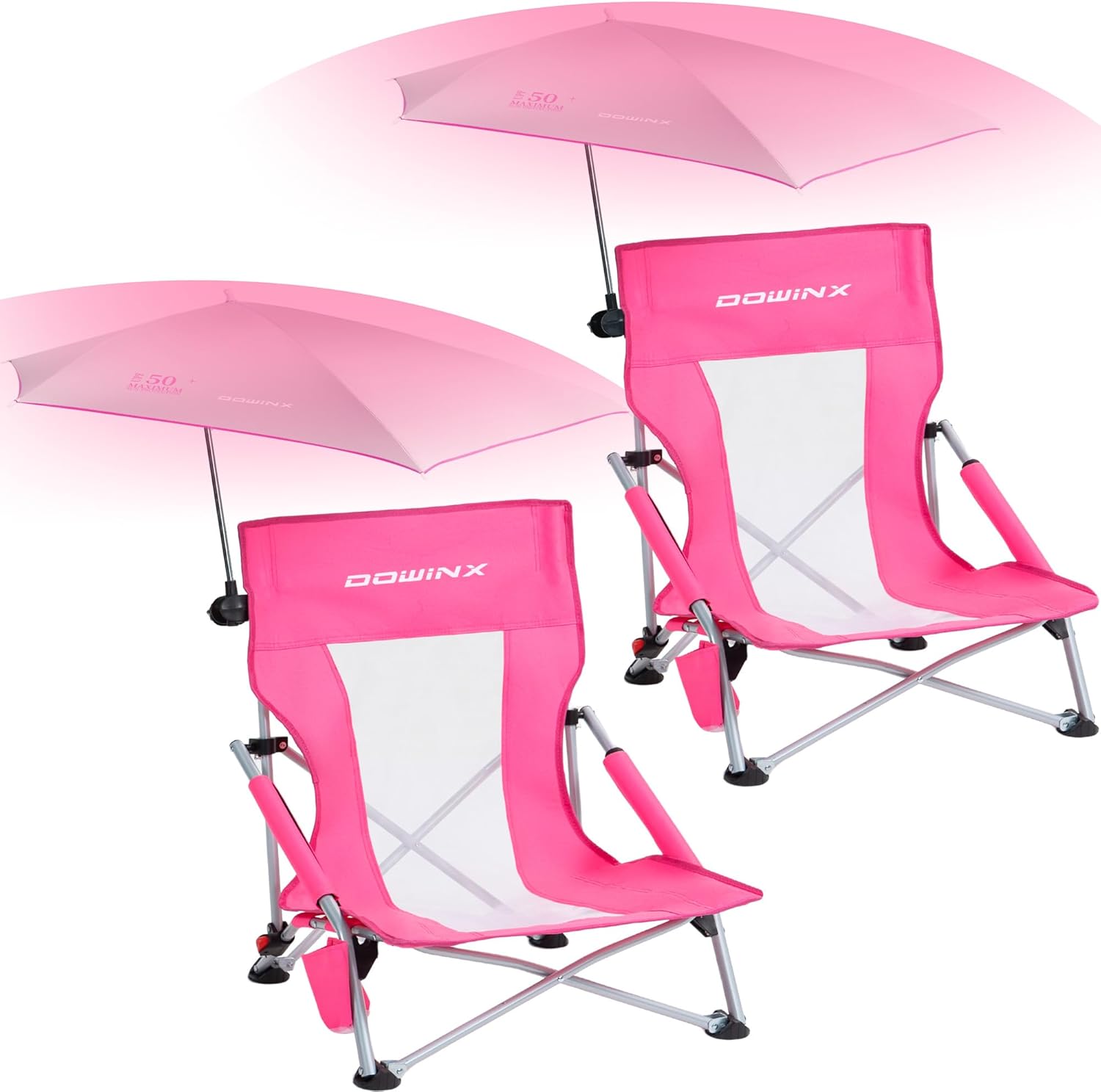 Dowinx Beach Chair with Adjustable Umbrella, Portable Low Camping Chair for Adul...
