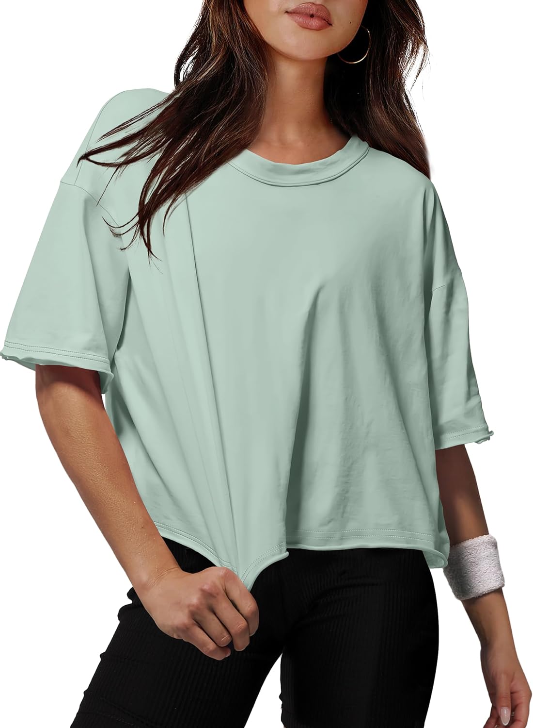 XIEERDUO Cotton Tshirts for Women Drop Shoulder Round Neck Oversized Crop Tops W...