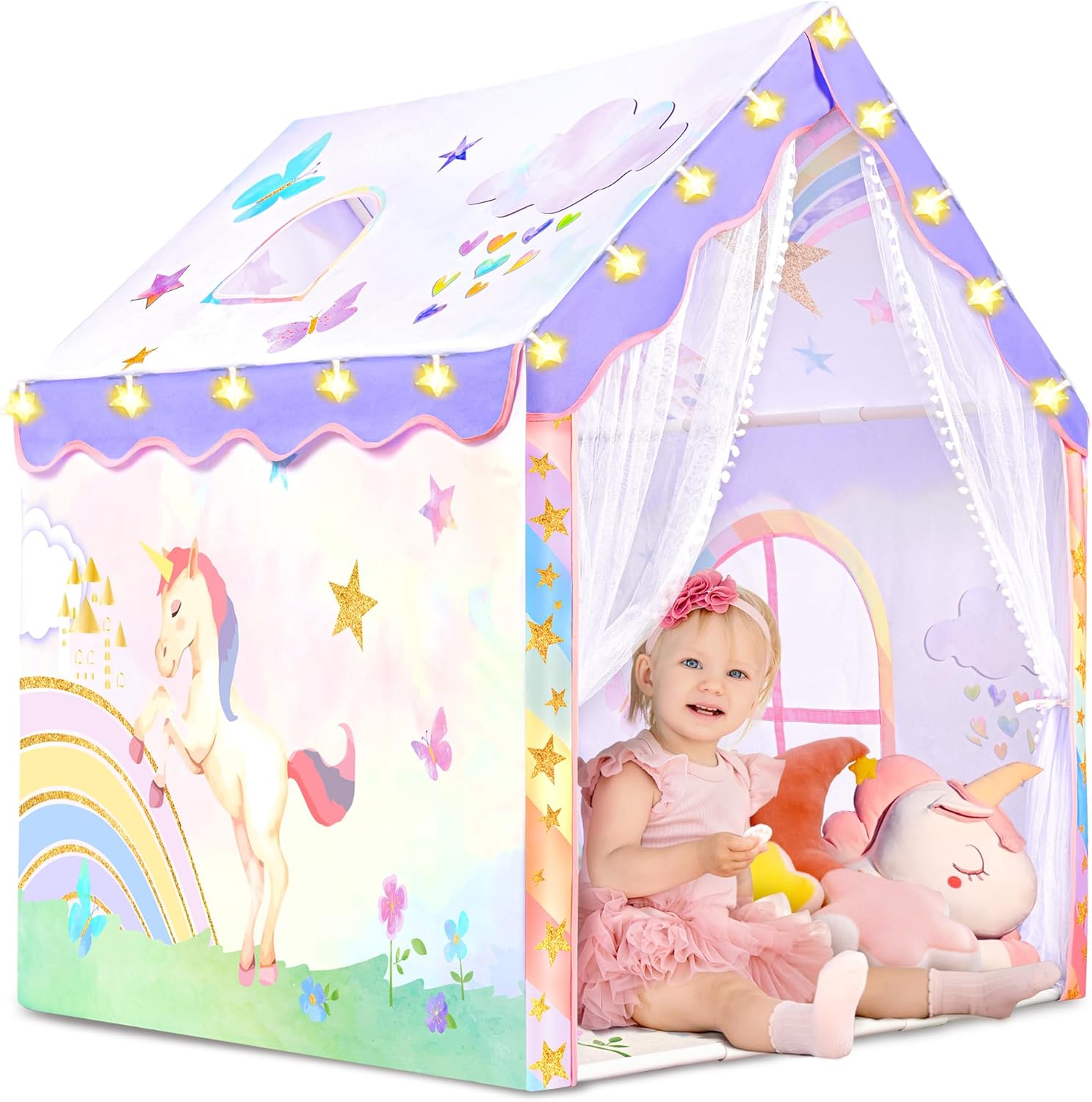 SULIFEEL Unicorn Kids Tent with Mat & LED Star Lights, Girls Play Tent for Princ...