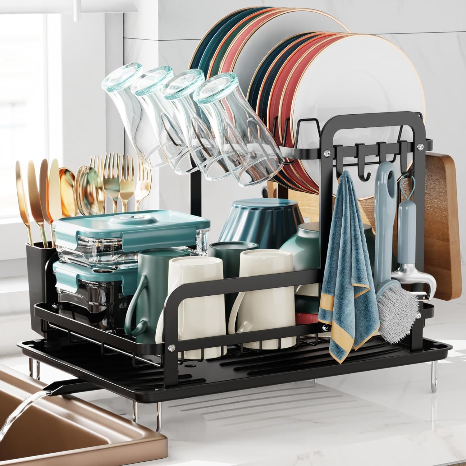iSPECLE Dish Drainer Rack - Large Dish Drying Rack with Drip Tray, Swivel Spout,...