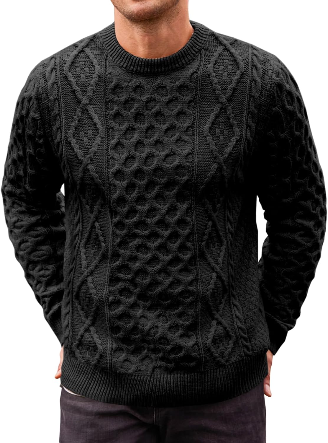 Runcati Mens Cable Knitted Pullover Sweater Crewneck Slim Fit Casual Chunky Twis...