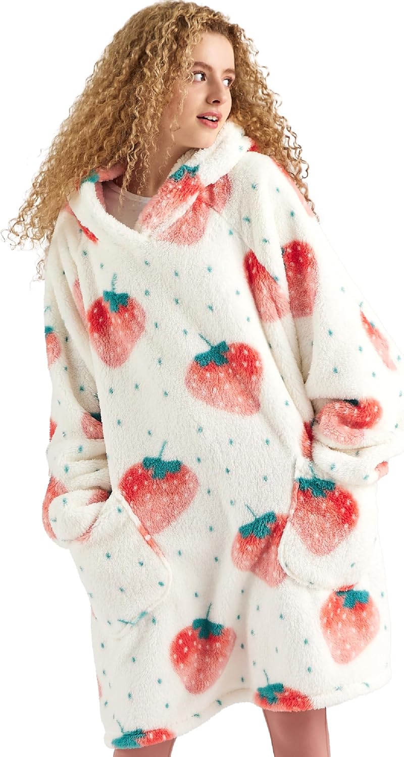 Bedsure Wearable Blanket Hoodie Gifts for Women - Strawberry Printed Sherpa Cozy...
