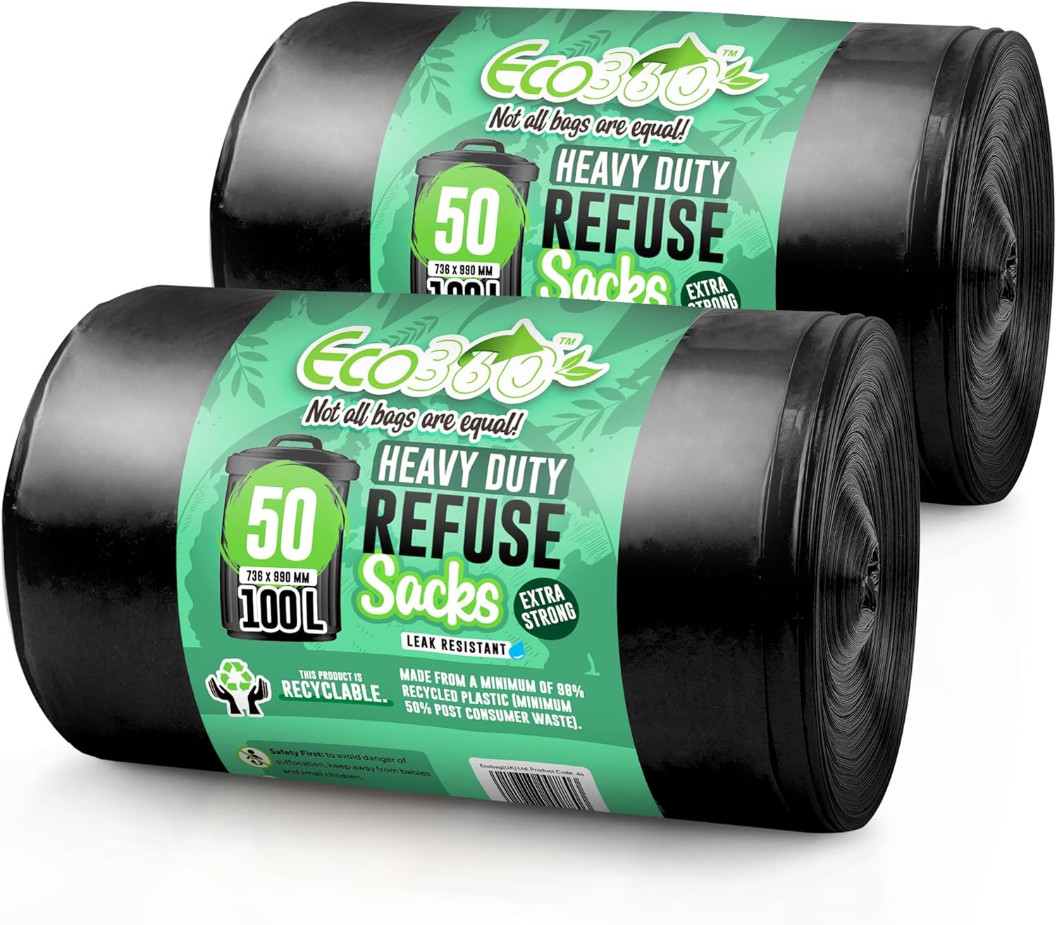 EcoBag- 100 Pack Extra Strong Heavv Duty Refuse Sacks - 100L - 33 Microns - Recy...