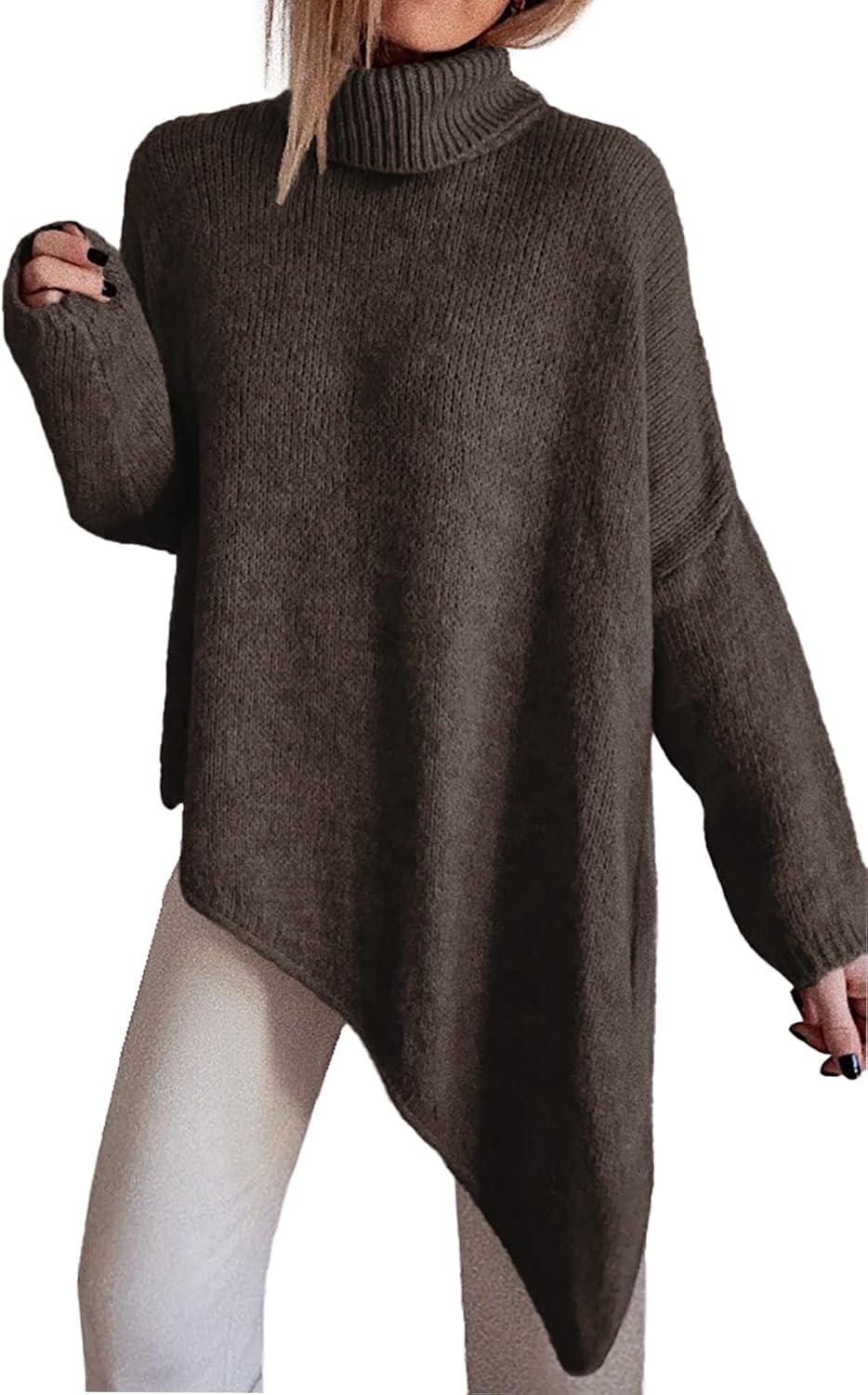 BTFBM Women Long Sleeve Turtleneck Knit Sweater Asymmetric Hem Oversized Fall Wi...