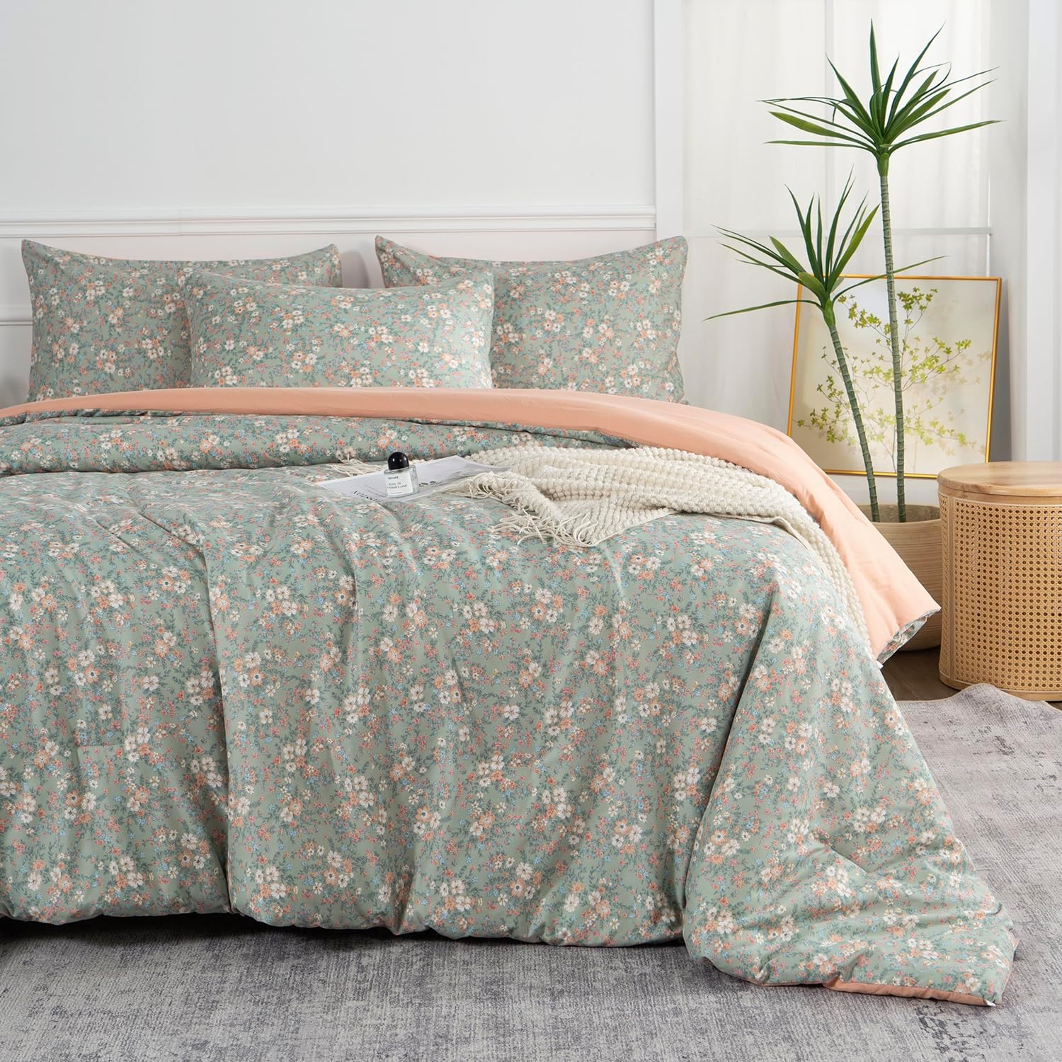 Floral Comforter Set King 3 Pieces Soft Chic Garden Style Vintage Floral Print L...