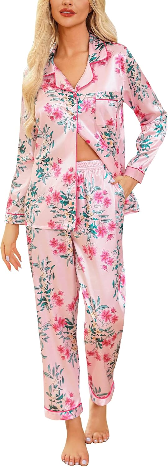 Anjue Silk Satin Pajamas Set Women's Long Sleeve Sleepwear Soft Pjs Set Two Piec...