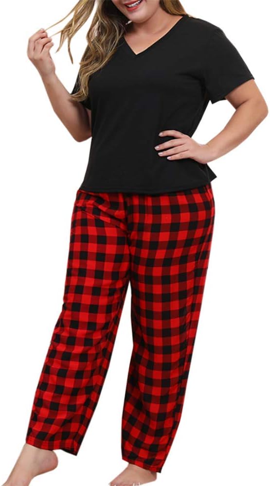Women Plus Size Pajamas Set Plaid Lounge Pants V-Neck Short Sleeve Cotton T Shir...