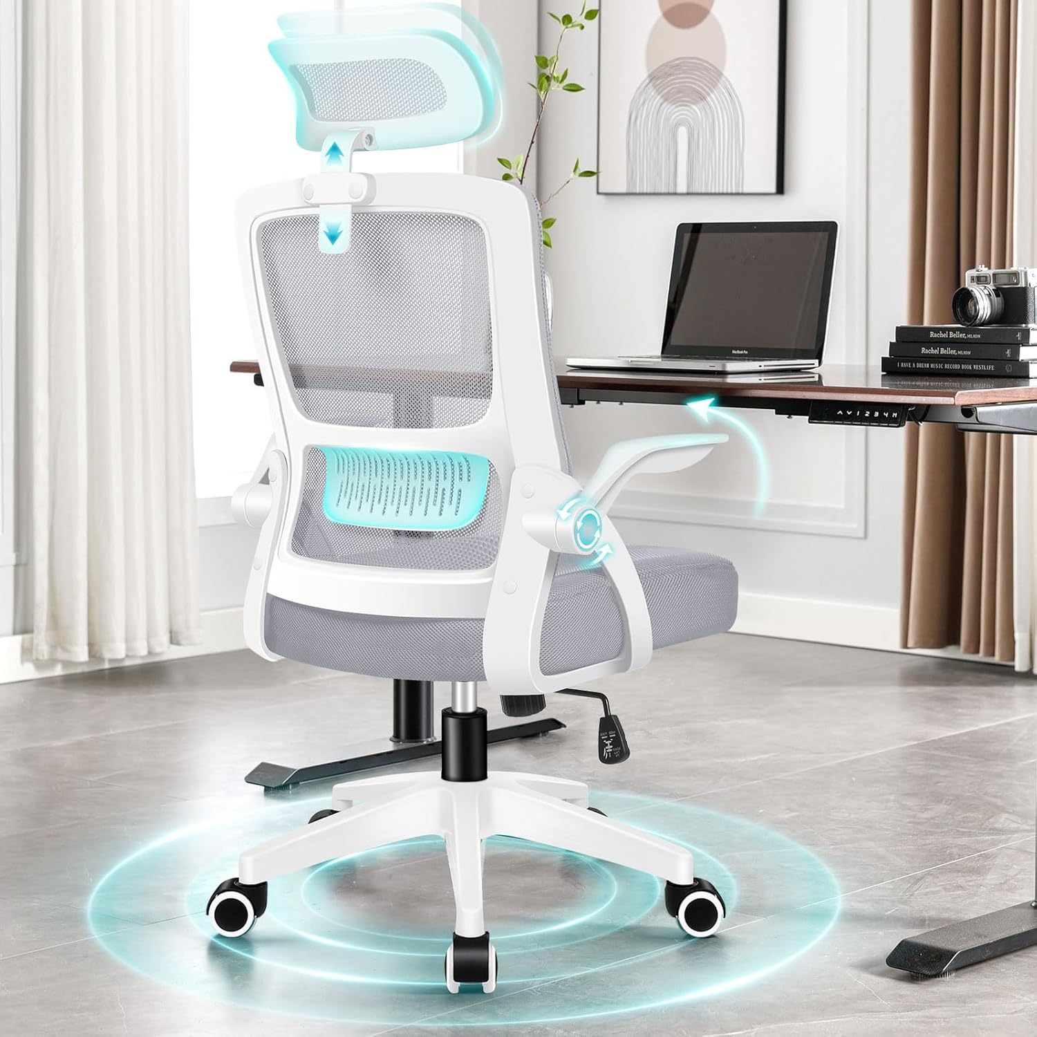 ELFORDSON Home Office Chair with Flip-up Armrests Headrest Footrest, Ergonomic D...