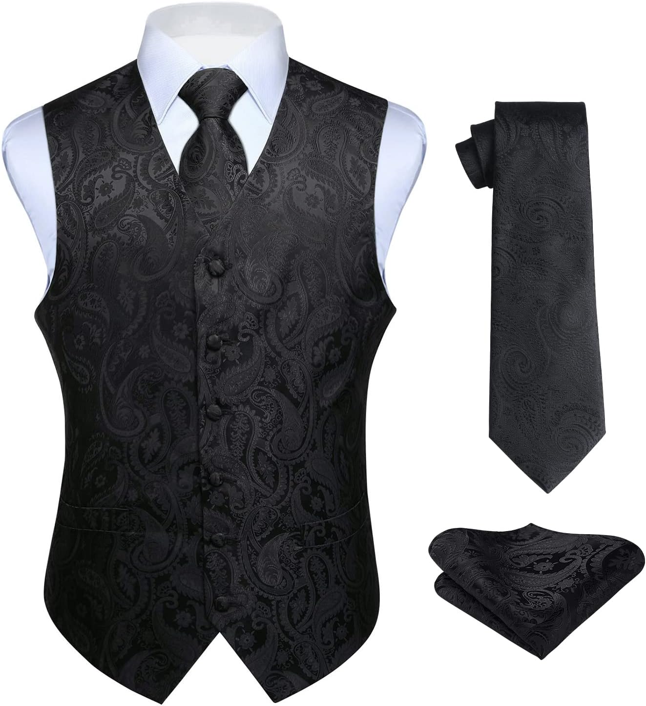 HISDERN Mens Vest Tie Set 3PC Formal Waistcoat Paisley Floral Jacquard Necktie P...