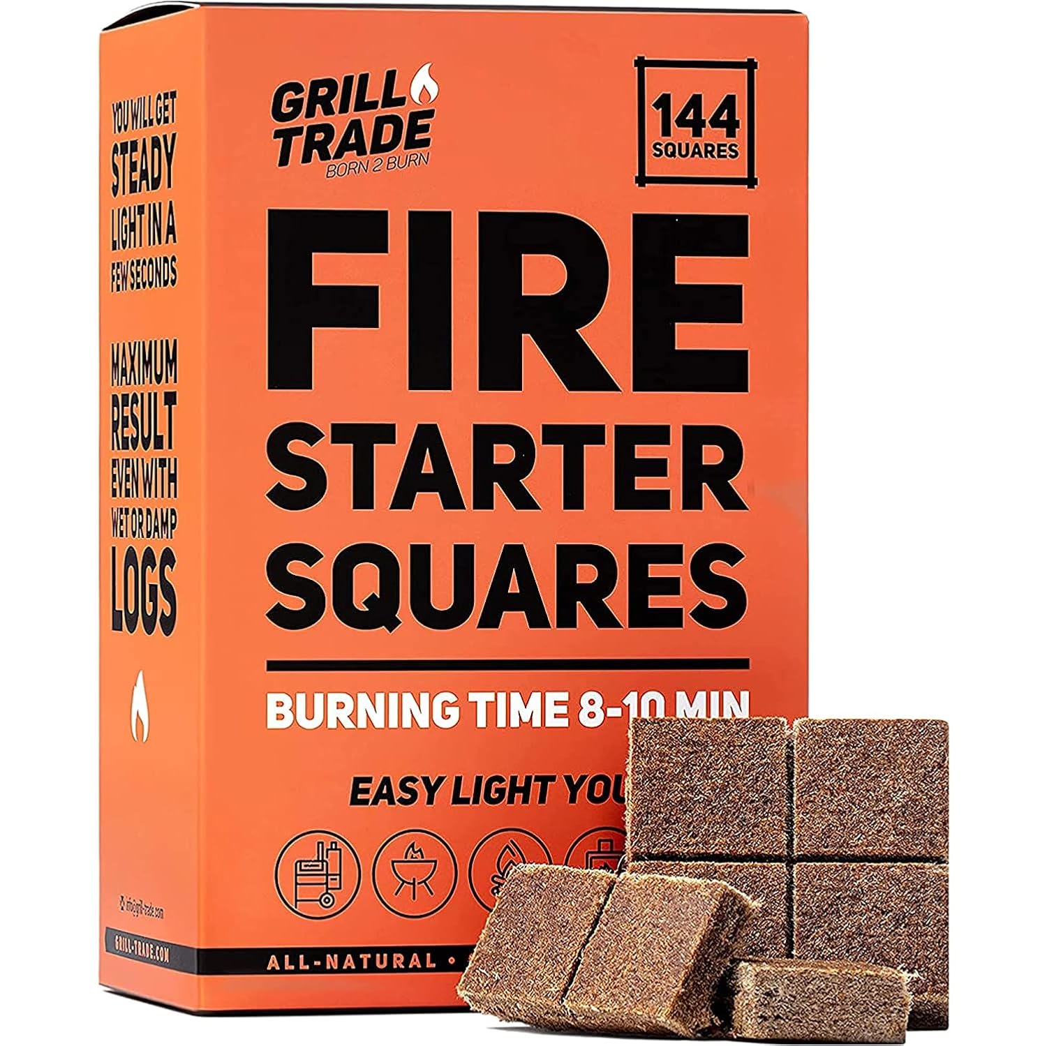 Grill Trade Fire Starter Squares 144, Easy Burn Your BBQ Grill, Camping Fire, Wo...