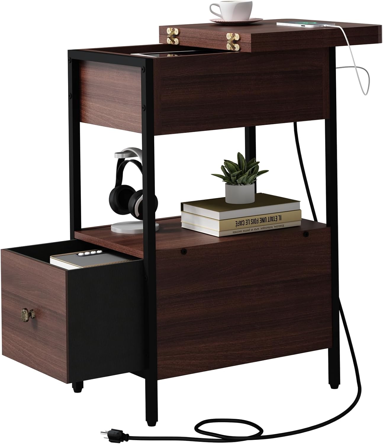 SOOWERY End Table with Charging Station, Narrow Side Table with Flip Top Cabinet...