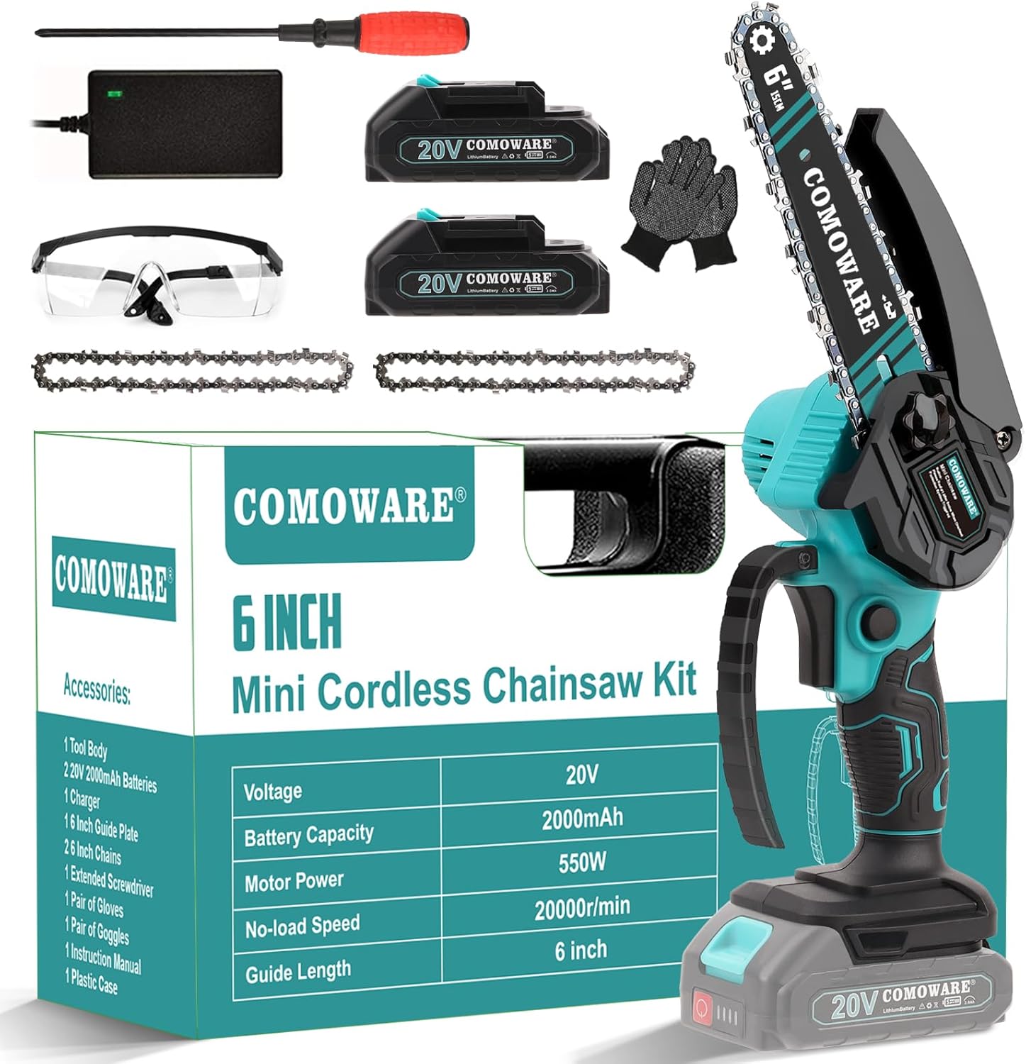 COMOWARE Mini Chainsaw Cordless, 6" Small Chainsaw with 2Pcs 2.0Ah Batteries, Po...