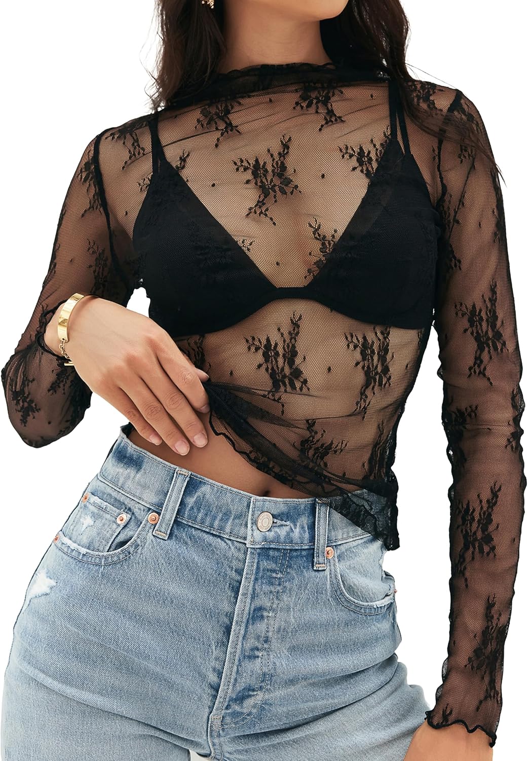 MEROKEETY 2024 Womens Mesh Sheer Long Sleeve Layering Top Sexy Y2k Mock Neck Flo...