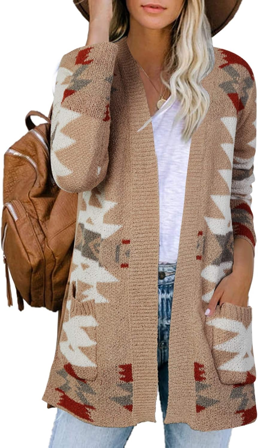 FERBIA Women Boho Cardigan Aztec Open Front Loose Slouchy Sweaters Tribal Long S...