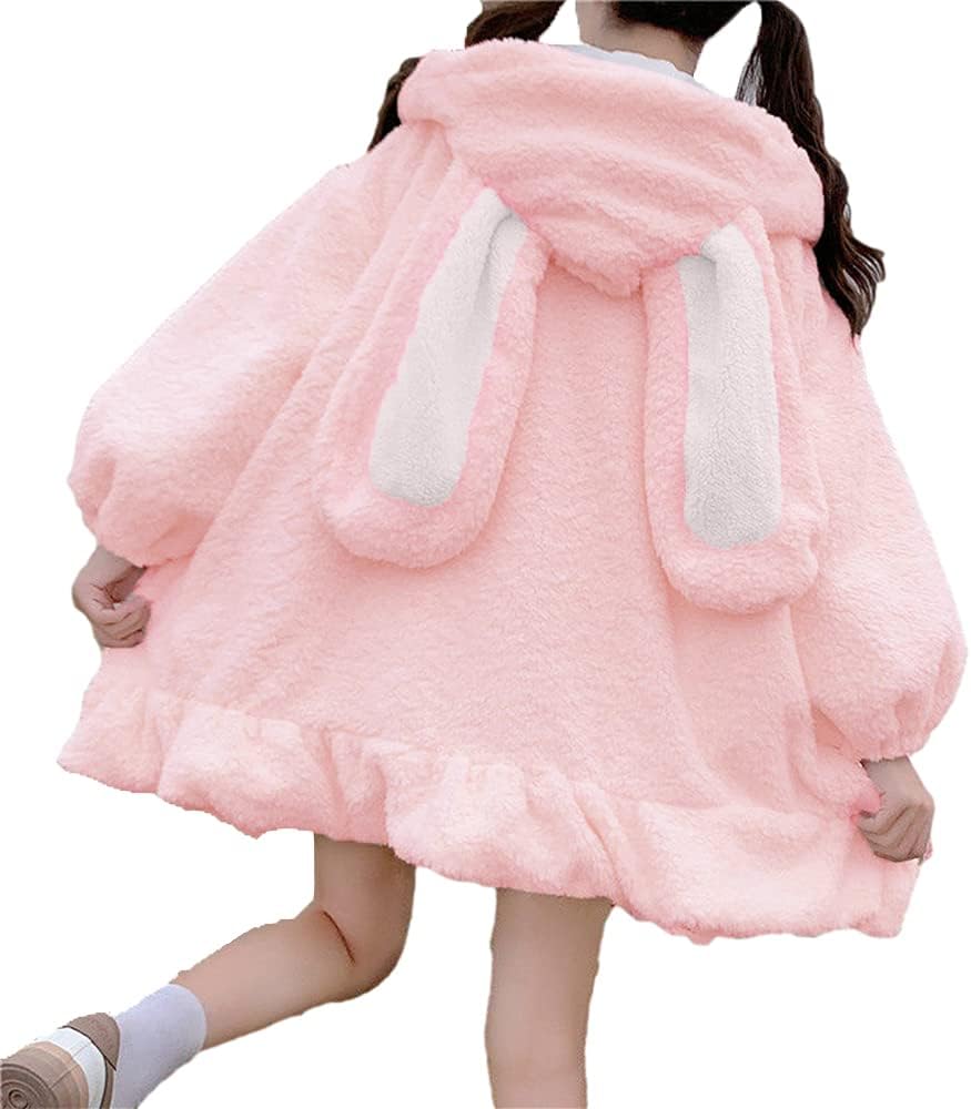 BZB Kawaii Anime Bunny Ear Hoodies For Women Sweet Lovely Fuzzy Fluffy Rabbit Sw...