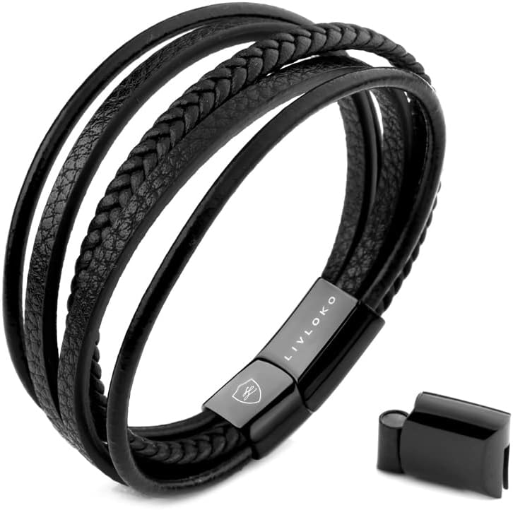 LIVLOKO Mens Bracelet Leather Black Multi-Layer Bracelet for Men Magnetic Clasp...