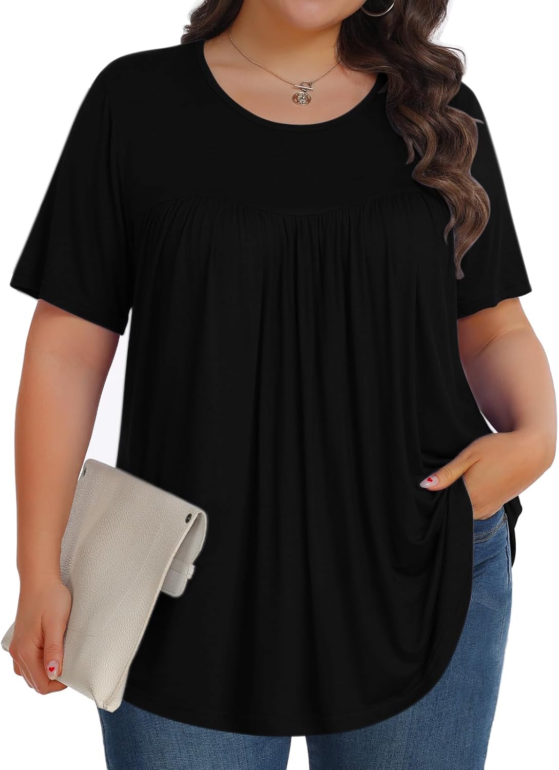 Womens Plus Size Tops Tunic Short Sleeve Crew Neck Shirts Casual Soft Blouse 1X-...