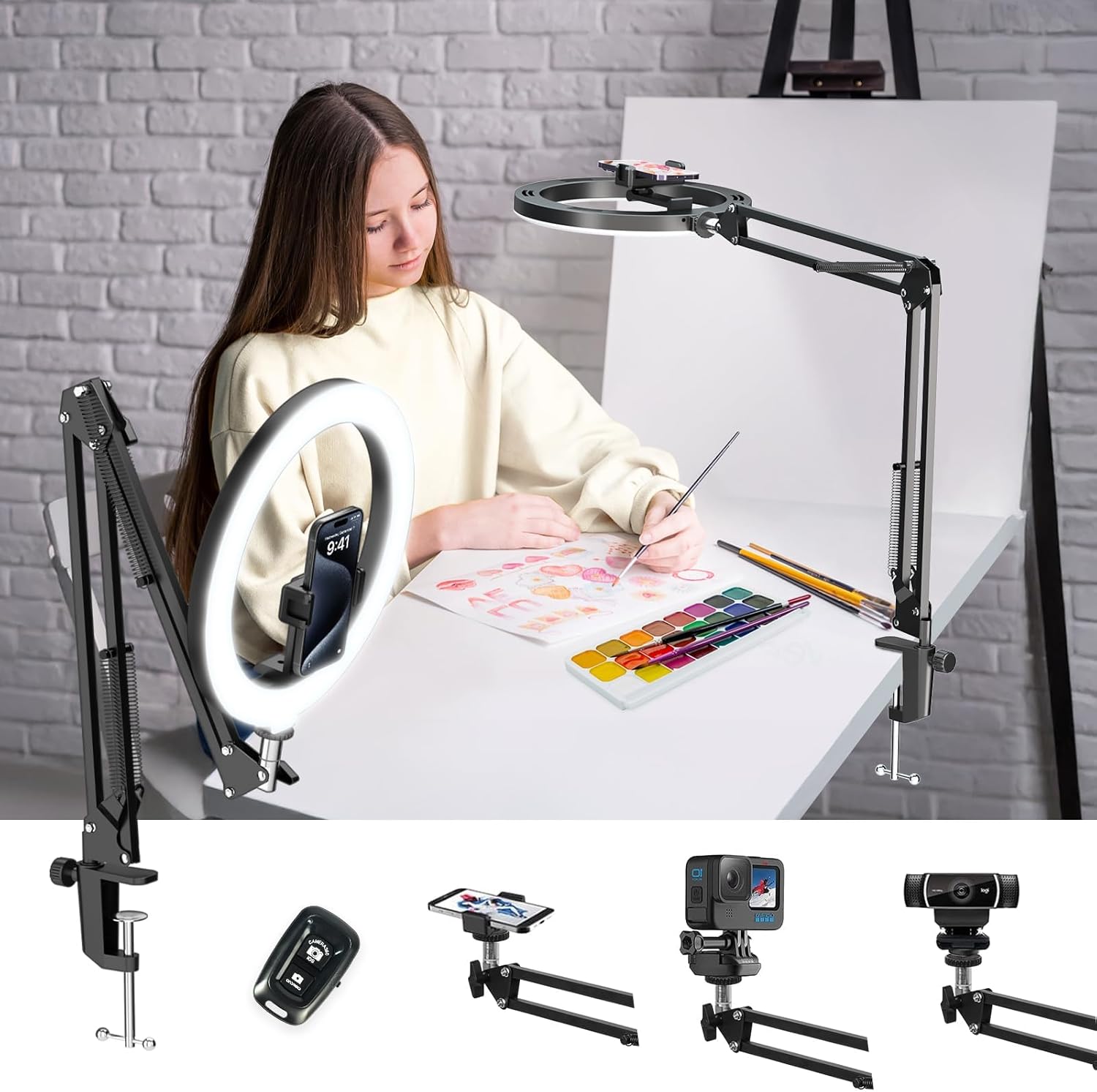 Overhead Phone Mount with Ring Light, Luxsure 10" Ring Light with Tripod Stand &...