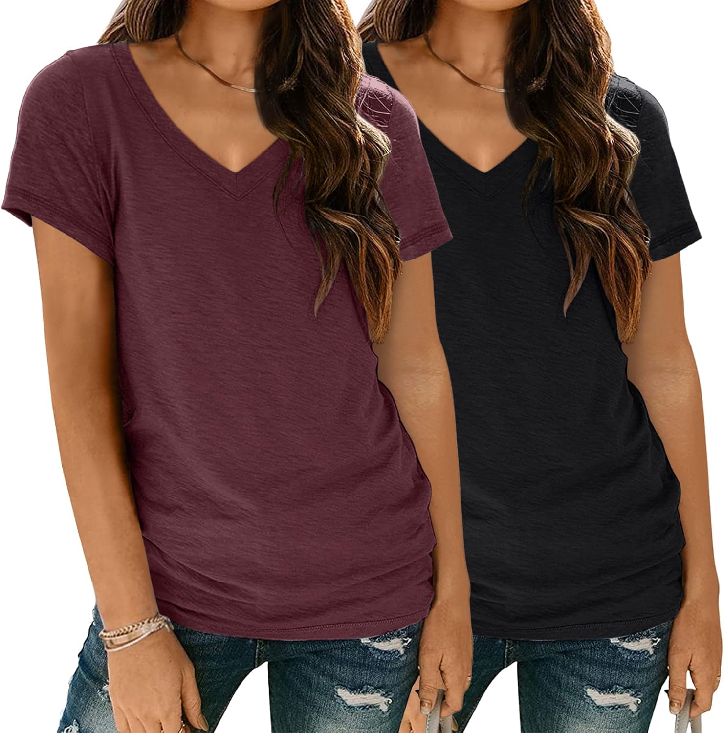SUNBS Womens 2 Pack T Shirts Short Sleeve Basic Tees V Neck Fashion Tops Loose F...
