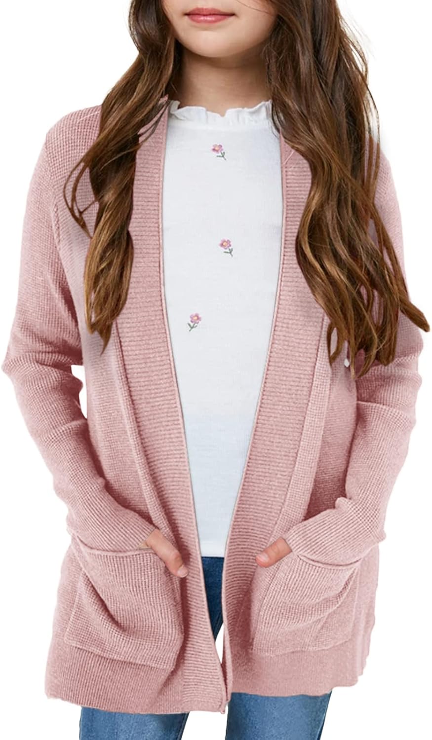 Girls Long Sleeve Casual Cardigan Kids Open Front Soft Knit Oversized Sweater wi...